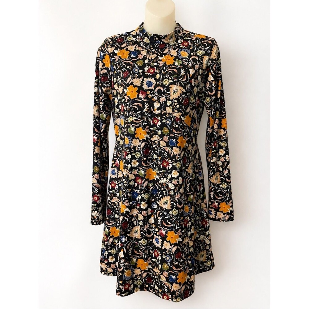 Altar’d State Black Floral Mock Neck Shift Dress Medium Long Sleeve Lined